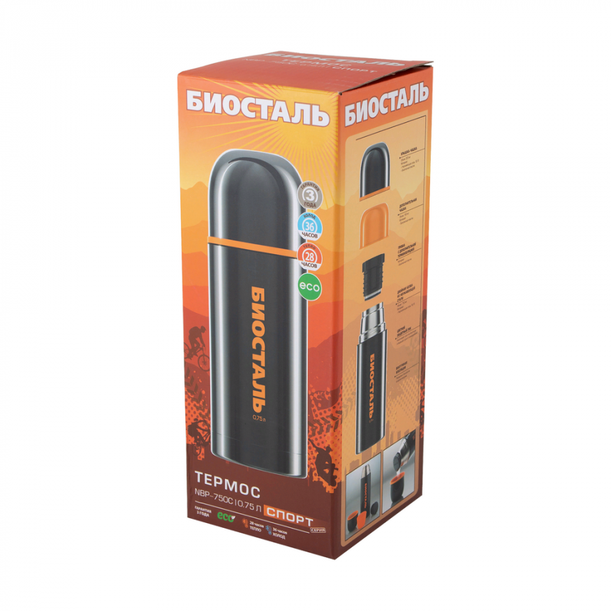 Термос Биосталь-СПОРТ с узкой горловиной, цв. черный, 0,75 л